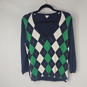 J. Crew Vneck Argyle Sweater Navy Green & White 3/4 Sleeve 100% Cotton Sz:L